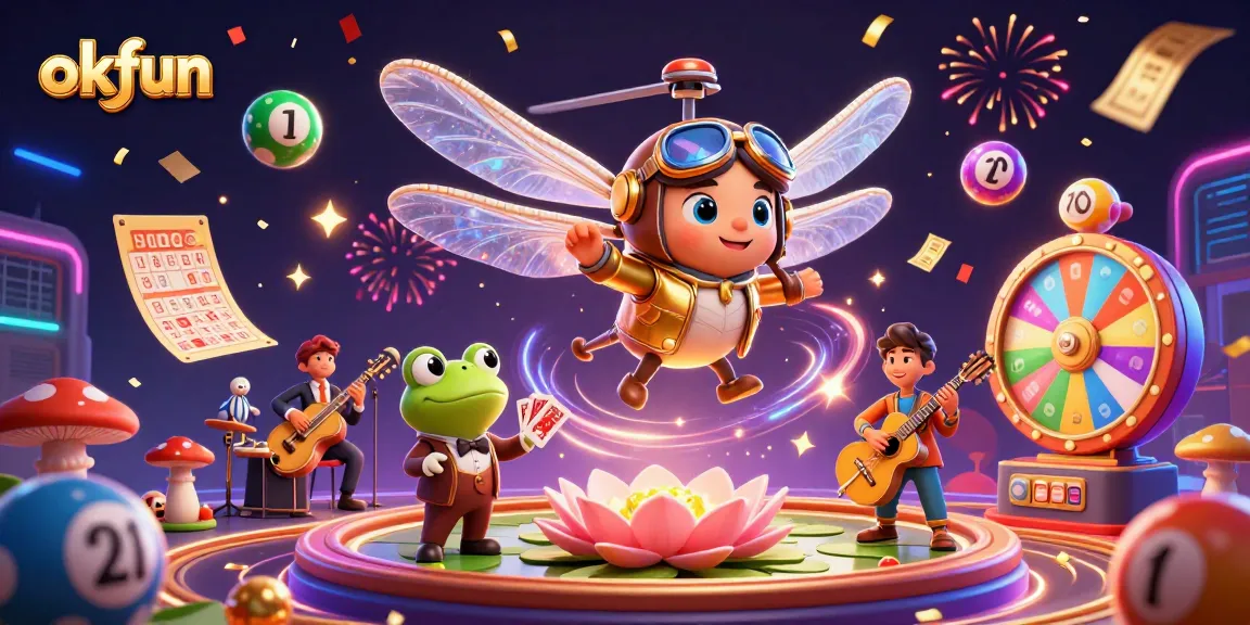 Play exciting games at okfun as a frog croupier deals cards amidst a vibrant casino scene.