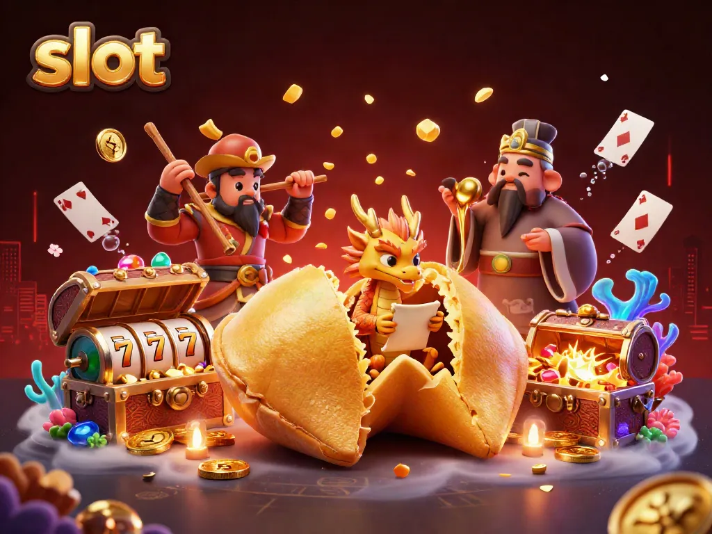 Spin the slot reels in a vibrant casino scene featuring a giant fortune cookie, wise dragon, and golden treasure.