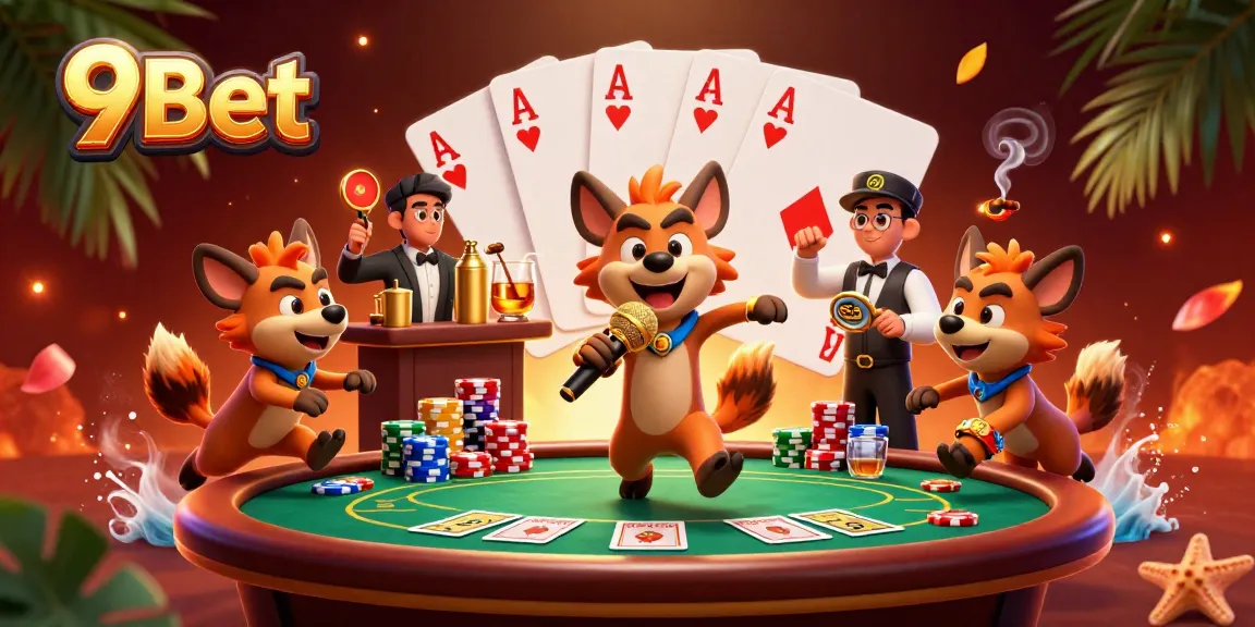 9Bet hyenas entertain in a vibrant casino scene, showcasing poker action and laughter.