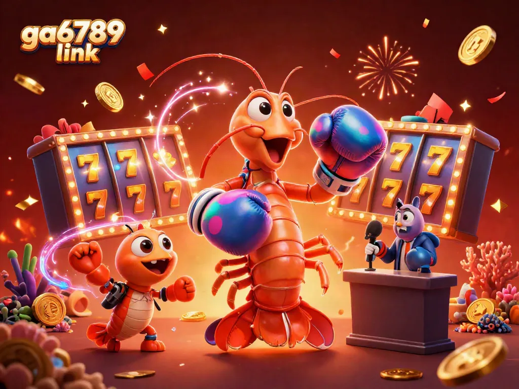 Engage in thrilling spins with ga6789 link, featuring lively shrimp characters amidst slot reels and festive elements.