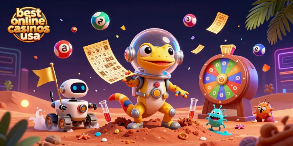 Experience fun at the best online casinos usa with a Martian gecko exploring a golden casino!