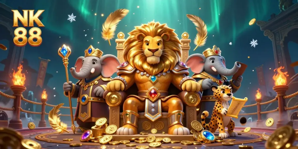 Navigating NK 88's online casino world with majestic characters in a vibrant, exhilarating scene.
