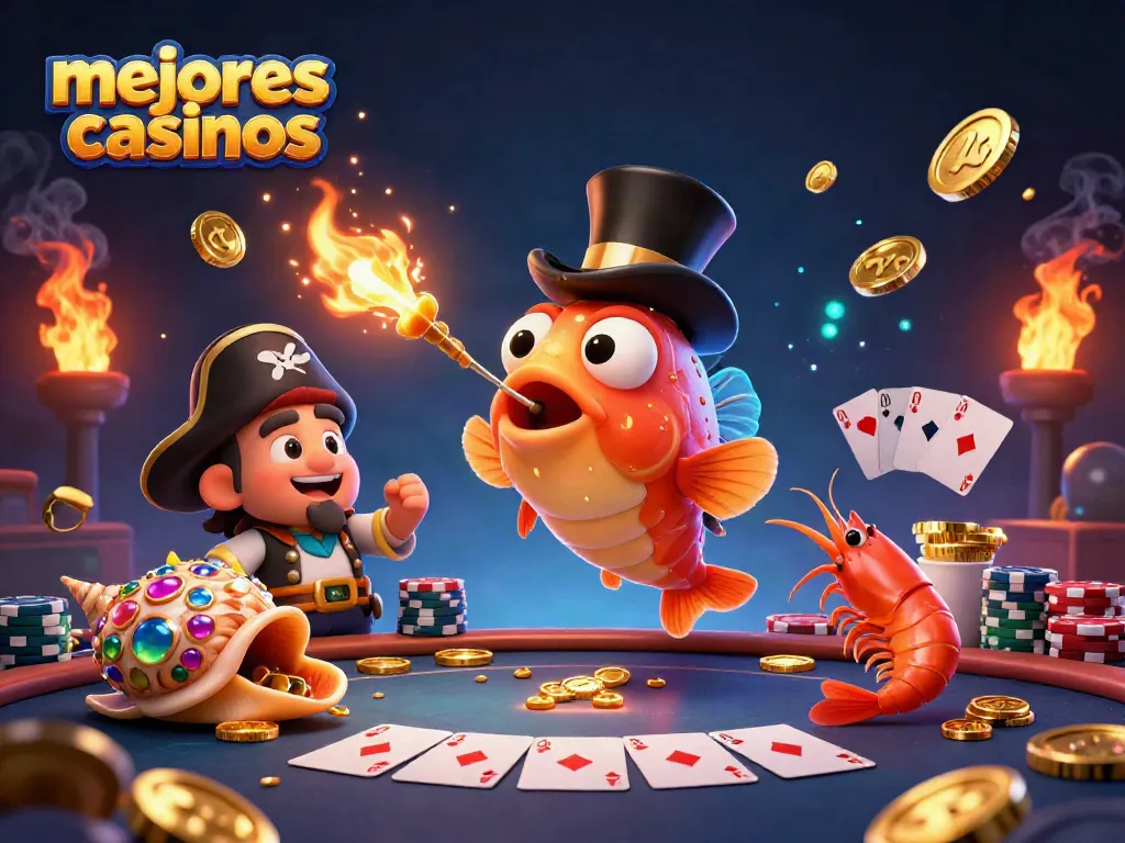 Mejores casinos: las cartas brillan junto a un pez abisal, un camarón pirata, y un caracol magnífico.