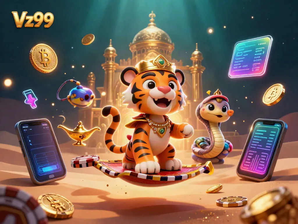 Experience Vz99's vibrant casino atmosphere with a magical tiger sultan and crypto elements.