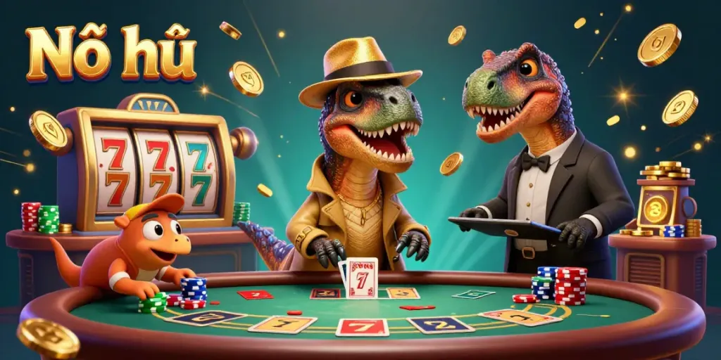 Nổ hũ casino scene with a velociraptor card counter at a blackjack table amidst the excitement.