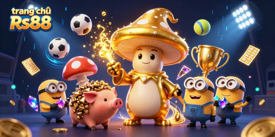 Experience the magic of trang chủ Rs88 with a vibrant 3D illustration of a golden mushroom wizard surrounded by treasure and sports elements.