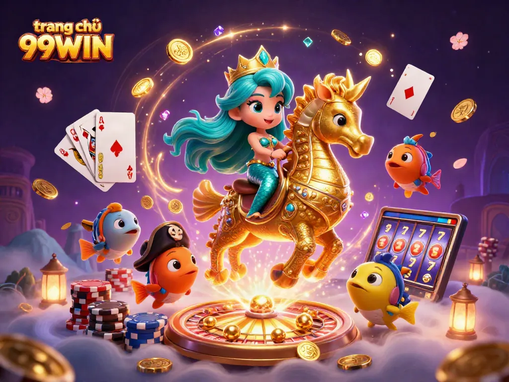 Engage with exciting games at trang chủ 99WIN, featuring a vibrant casino scene filled with mermaids and games.