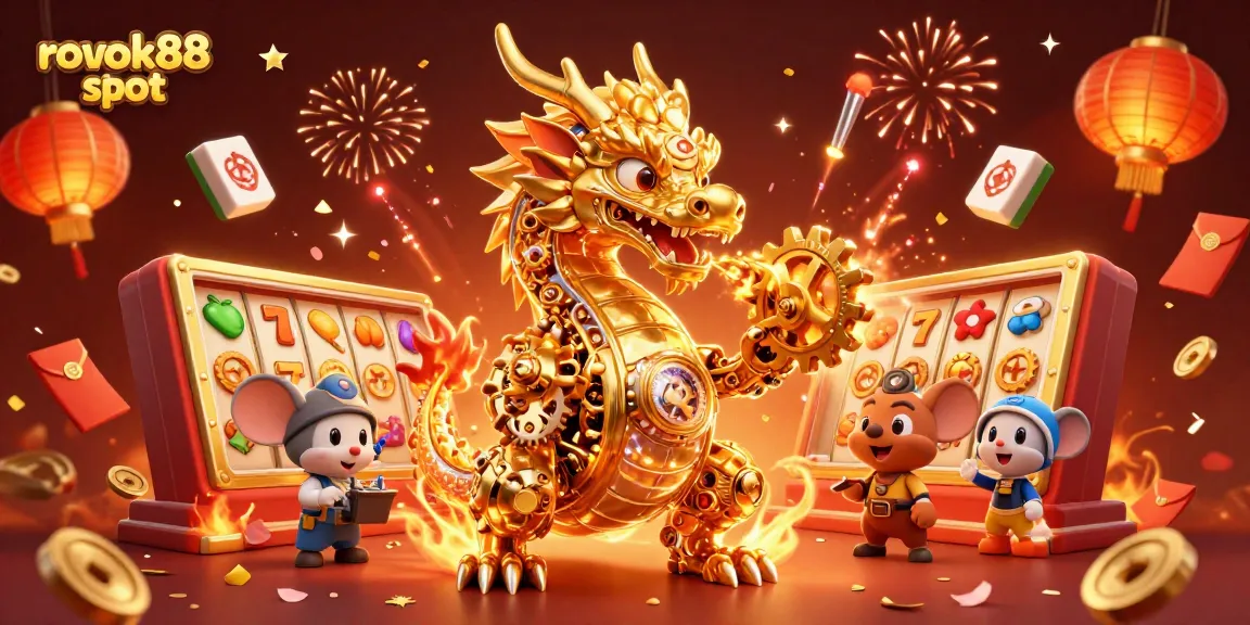 Experience exciting moments playing rokok88 slot amidst vibrant casino elements and a golden dragon.
