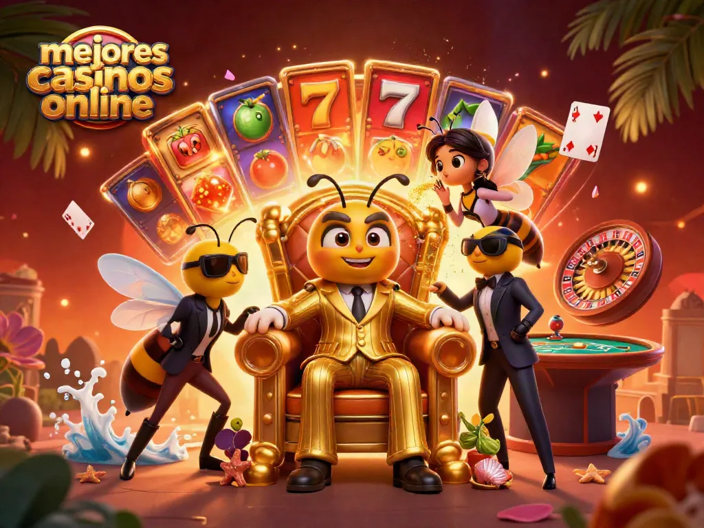 Disfruta de los mejores casinos online con juegos vibrantes y tragamonedas en esta ilustración dinámica.