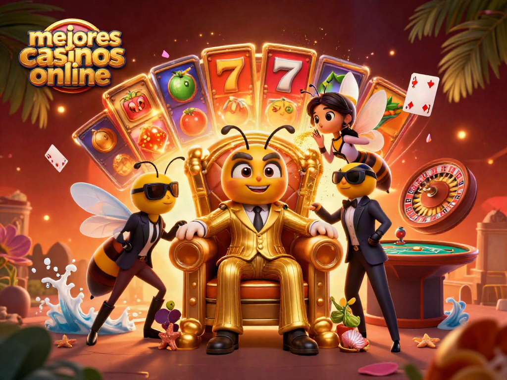 Disfruta de los mejores casinos online con juegos vibrantes y tragamonedas en esta ilustración dinámica.