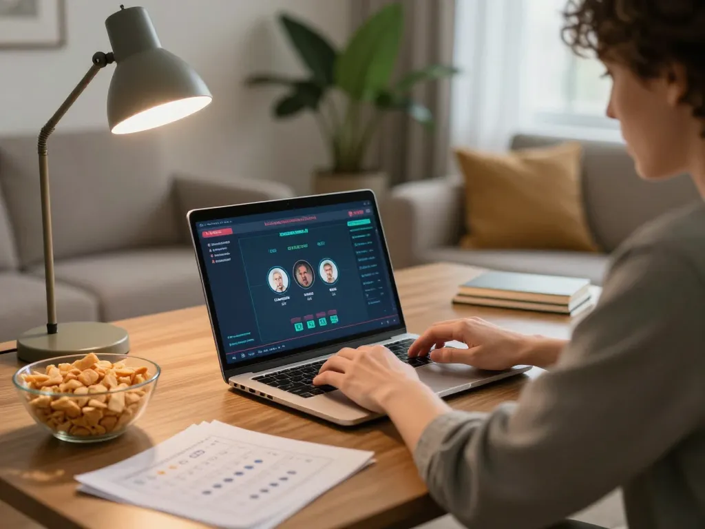 SUN WIN online poker gaming scene in a cozy home with strategic notes and warm lighting