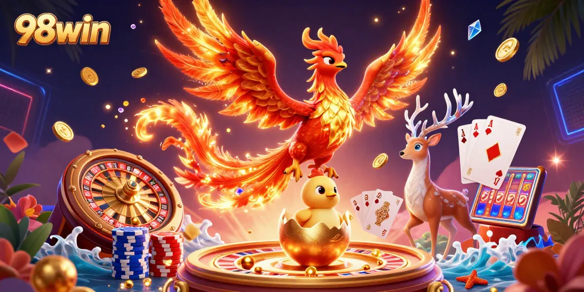 Engage with exciting gameplay at 98win, highlighting dazzling casino vibes with phoenix elements.