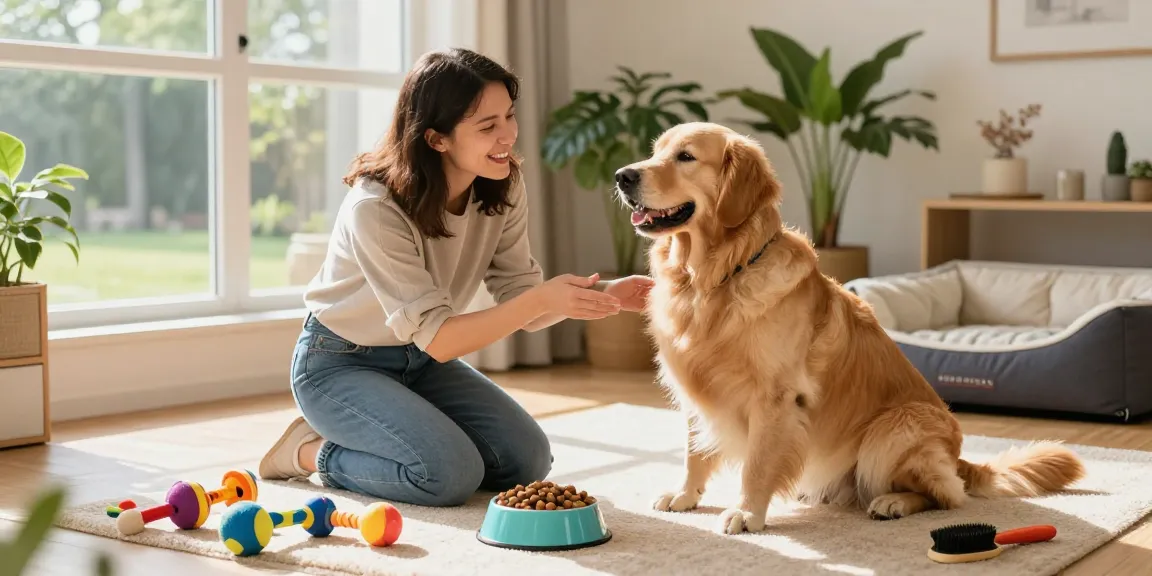 Engaging golden retriever and owner enjoying pet care tips at home with rokok88 slot login.