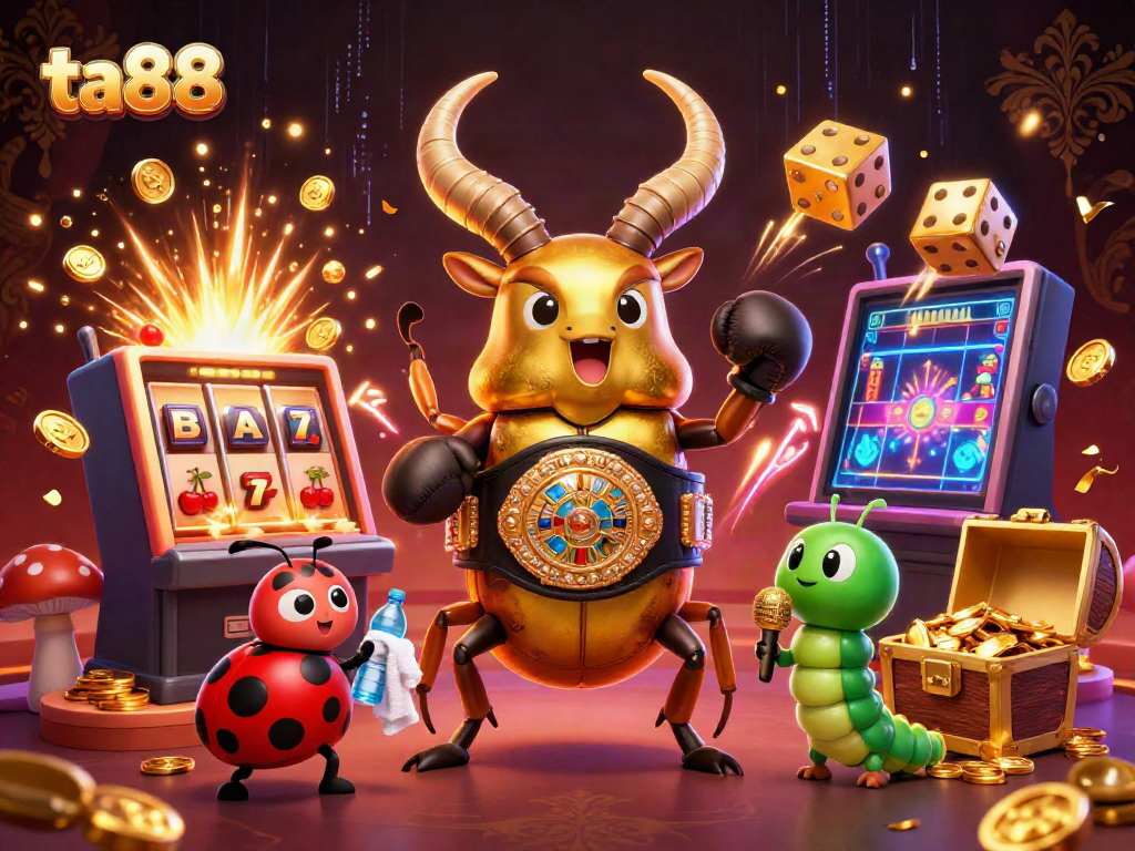 Experience thrilling moments with ta88 in this lively casino scene featuring a golden stag beetle champion