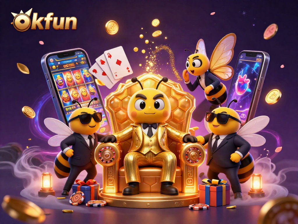 Experience thrilling games at okfun casino with a vibrant 3D illustration of buzzing characters and dynamic gameplay.