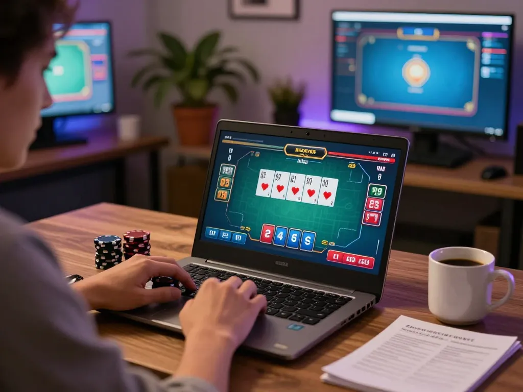 Engaging in a strategic poker game on a laptop at home, showcasing 68gamebaivn.