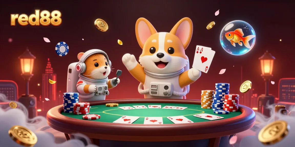 Experience exciting gameplay at red88 with a lively 3D casino scene showcasing poker action and whimsical characters.
