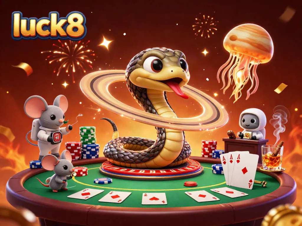 Experience the thrill of luck8 with astronaut mice betting on a cosmic roulette, featuring vibrant casino elements.