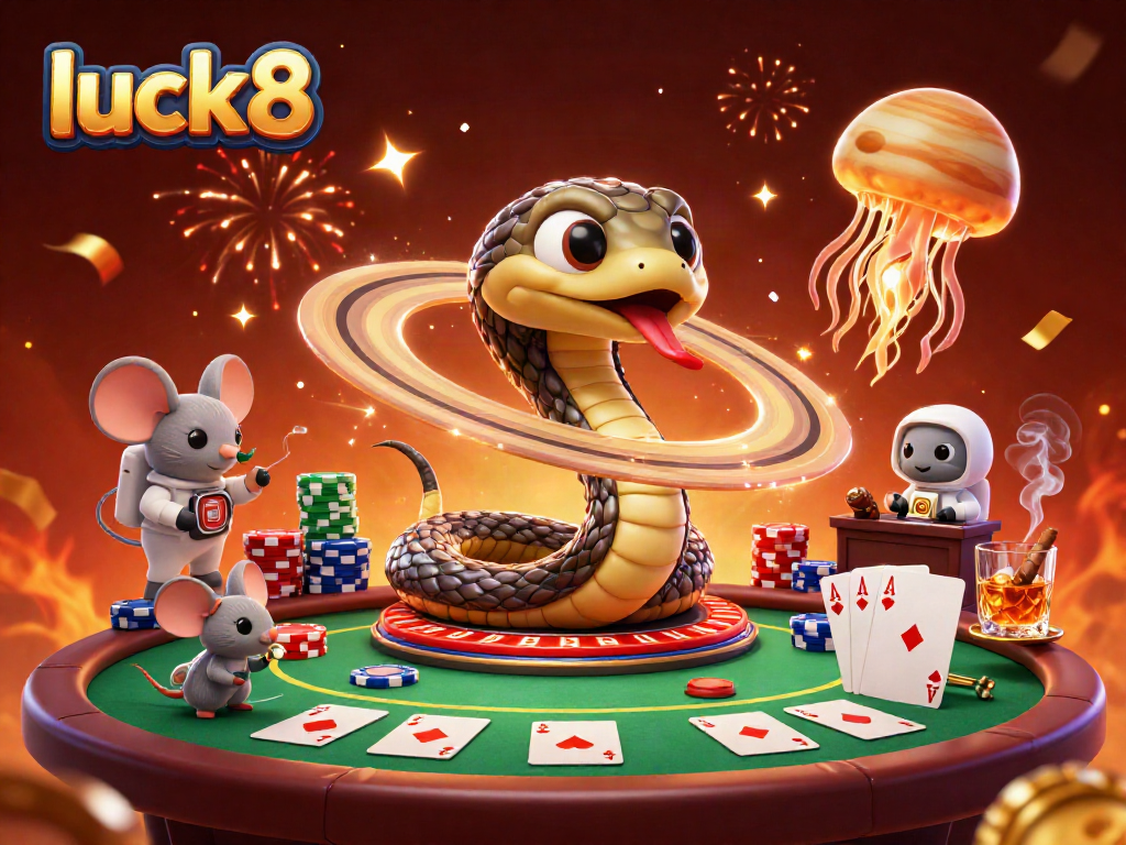 Experience the thrill of luck8 with astronaut mice betting on a cosmic roulette, featuring vibrant casino elements.