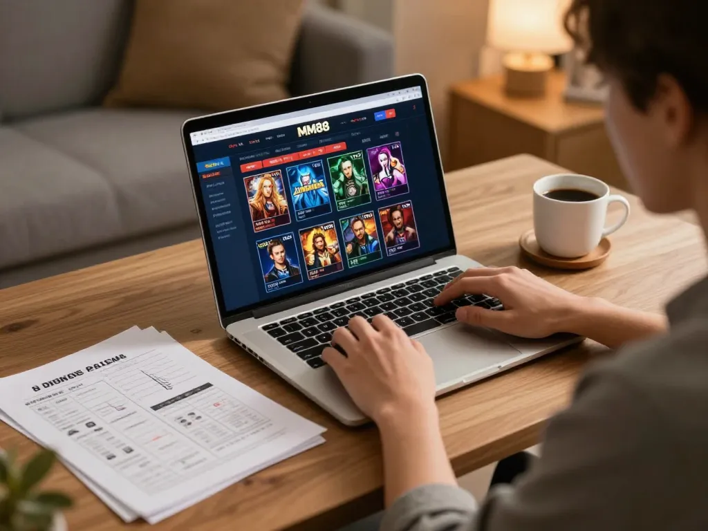 Engaged player using MM88 online casino on a laptop with strategy notes beside.