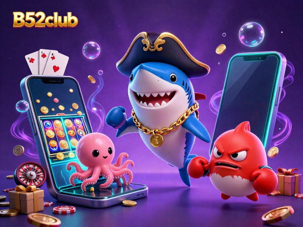 B52club pirates celebrating with gold coins, colorful slots, and roulette elements in a vibrant 3D scene