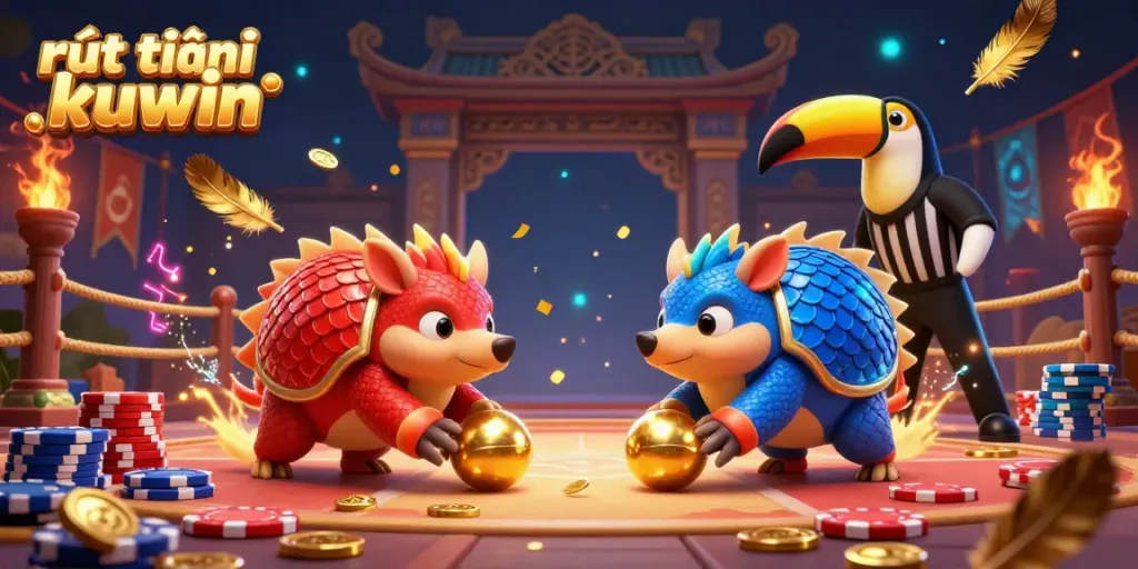 Experience the thrill of rút tiền kuwin in this vibrant 3D scene, featuring rival pangolins in a dynamic casino setting.