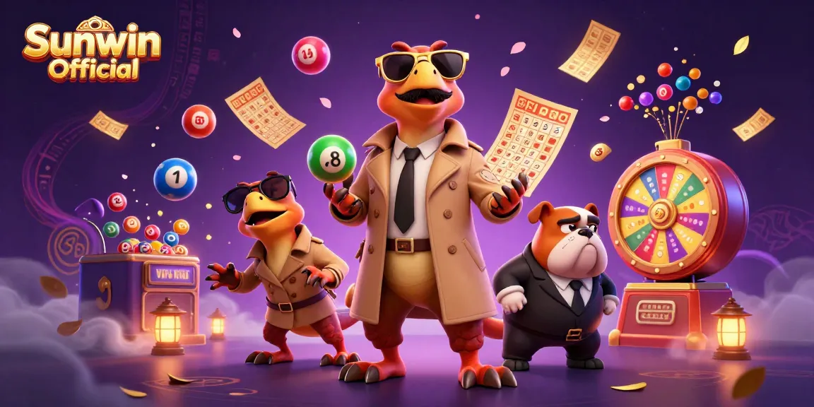 Sunwin Official features colorful lottery elements and cartoon raptors entering a VIP casino.