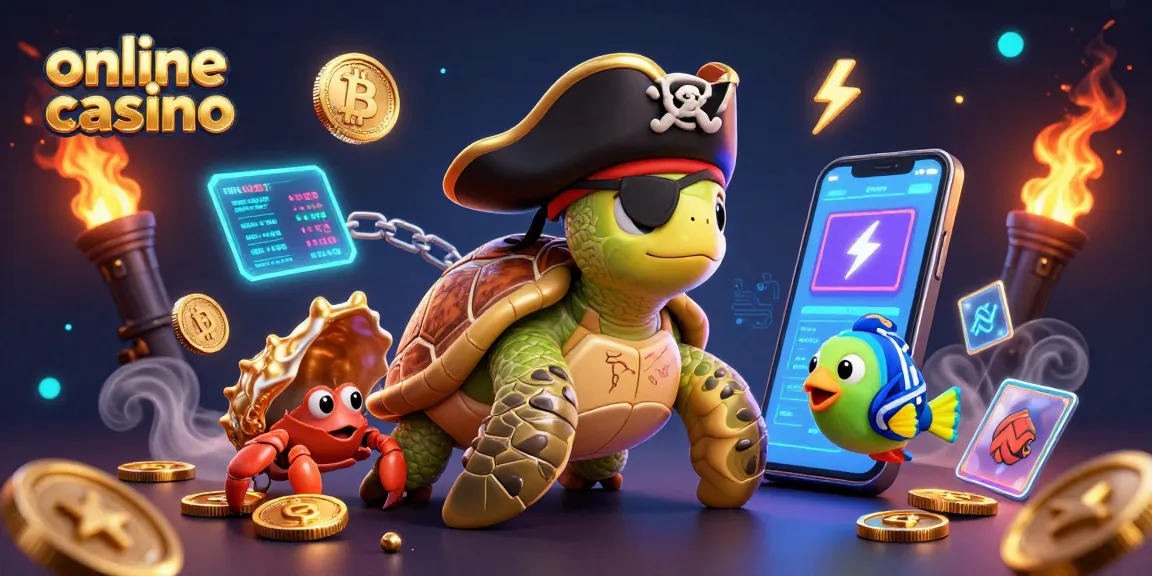 Engage in the online casino world with animated pirate turtle, golden coins, and crypto treasures.