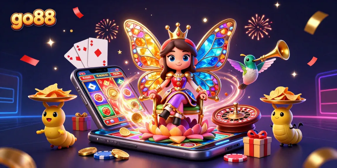 Experience the excitement at go88 with a vibrant 3D illustration showcasing a butterfly queen surrounded by casino elements.