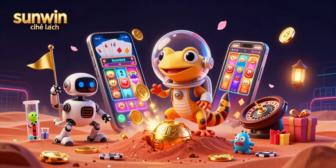 Experience thrilling gameplay at sunwin chính hãng with 3D cartoon characters in a golden casino setting amidst vibrant gaming elements.