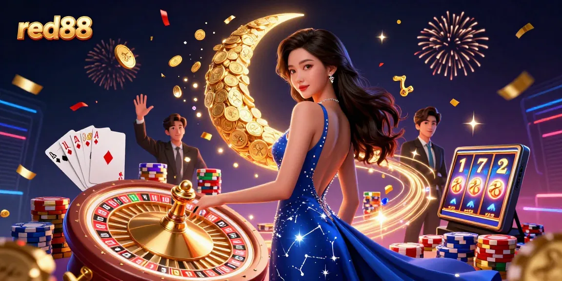 Experience thrilling wins at red88, featuring an elegant Asian woman amidst sparkling gem stones and dynamic casino elements.