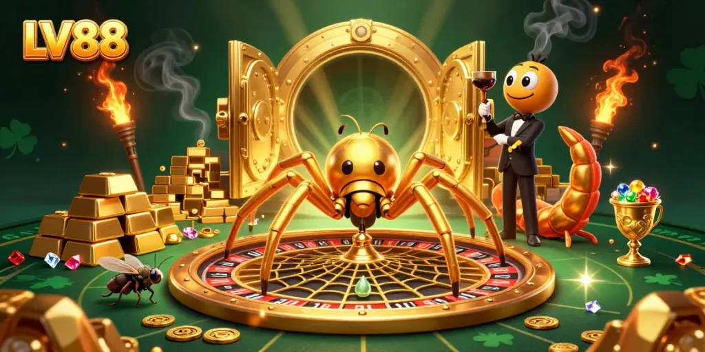 Experience LV88's thrilling casino atmosphere with vibrant golden treasures and dynamic characters.