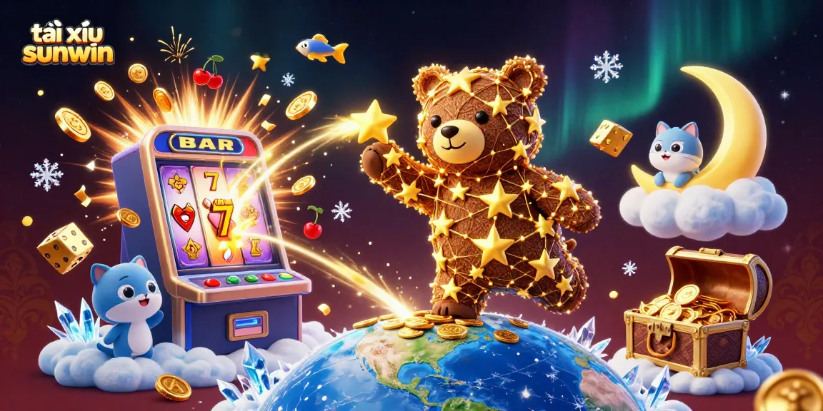 Experience the thrill of tài xỉu sunwin with a vibrant casino scene featuring a constellation bear, jackpots, and colorful game elements.