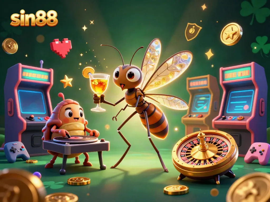 Experience the thrill of sin88 with a vibrant casino-themed illustration featuring unique characters and dynamic game elements.