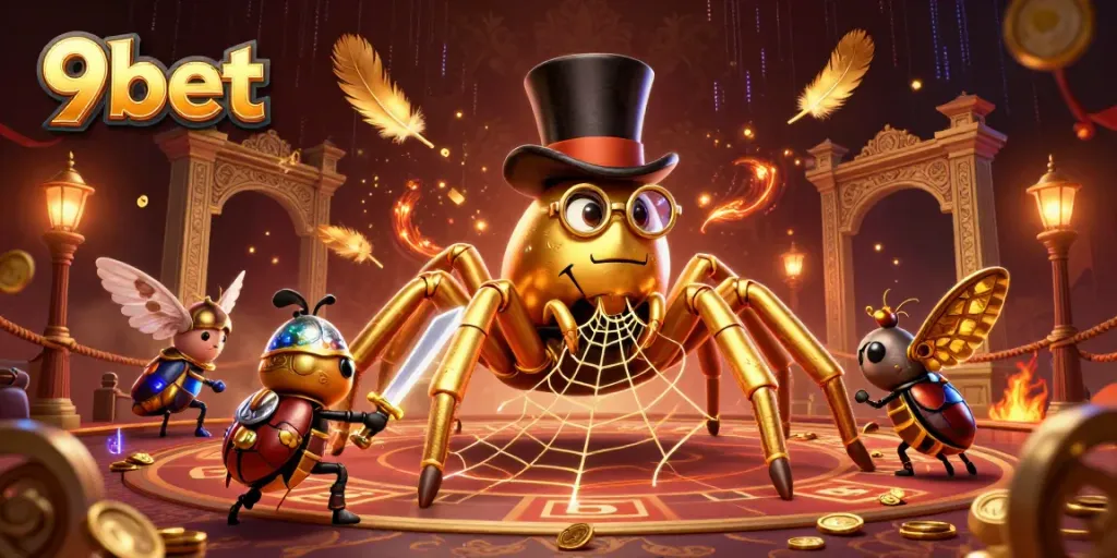 Bet on thrilling moments with 9bet as a cartoon golden tarantula and beetle knight create a magical casino scene.