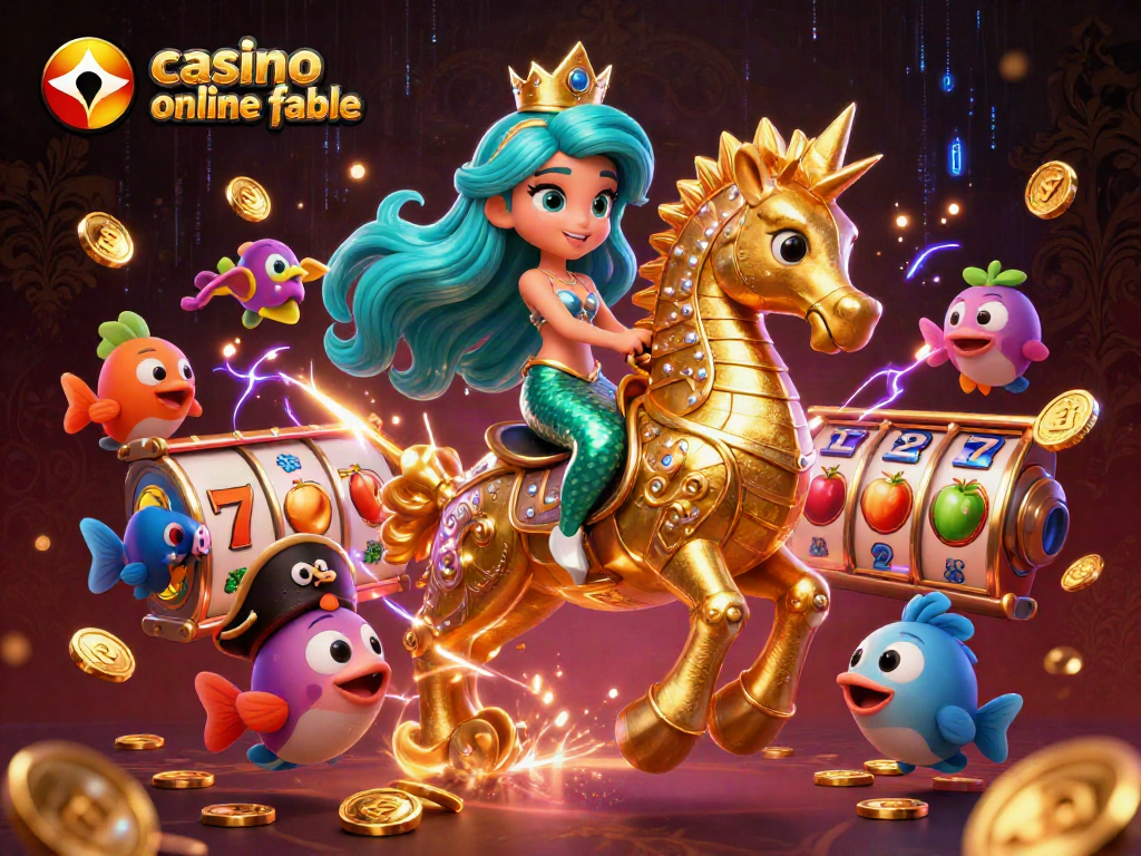 Ilustra un emocionante escenario de casino online fiable con una princesa sirena y elementos de tragamonedas.