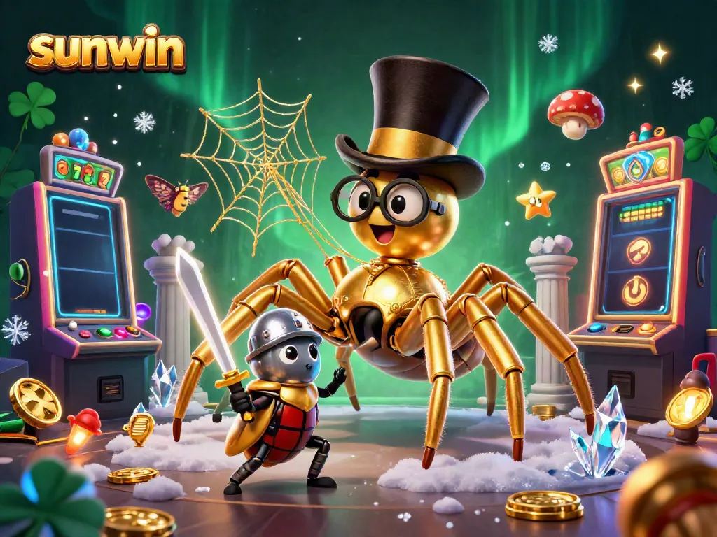 Engage with the thrilling sunwin casino experience, featuring a vibrant 3D scene of a golden tarantula and brave beetle knight amidst dazzling game elements.