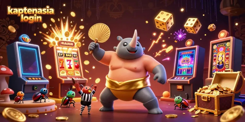 Raih kemenangan dengan fitur menarik di kaptenasia login, ditampilkan oleh ilustrasi kasino 3D yang penuh aksi.