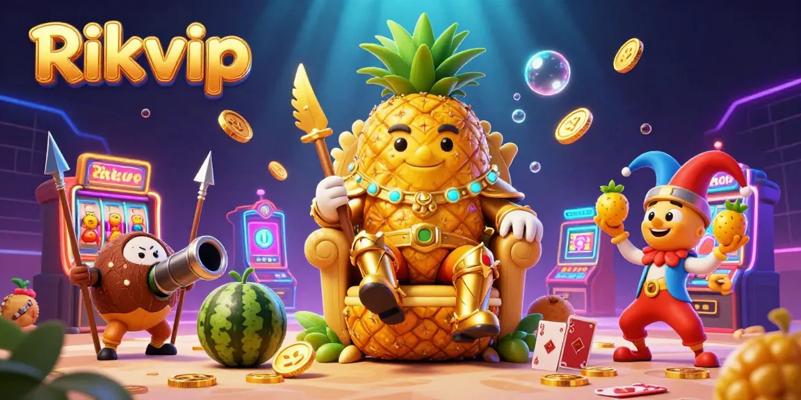 Engage in thrilling games on Rikvip featuring a golden pineapple king and vibrant casino elements.