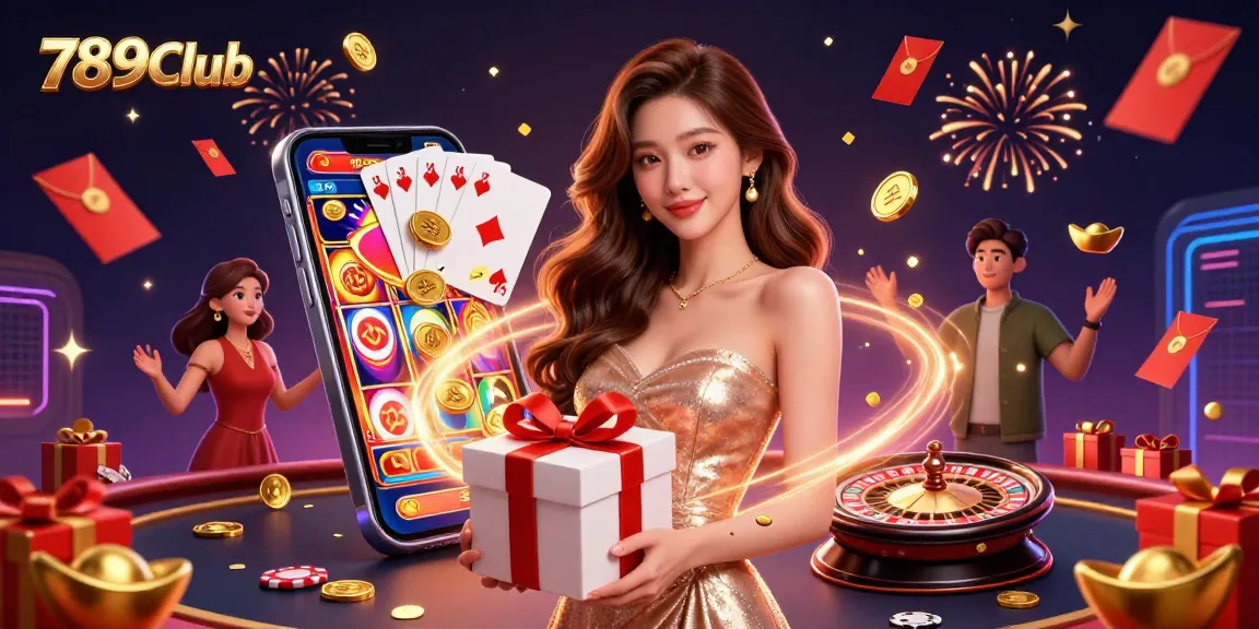 Experience the excitement of 789Club with vibrant slot games and festive elements in a dynamic casino illustration.