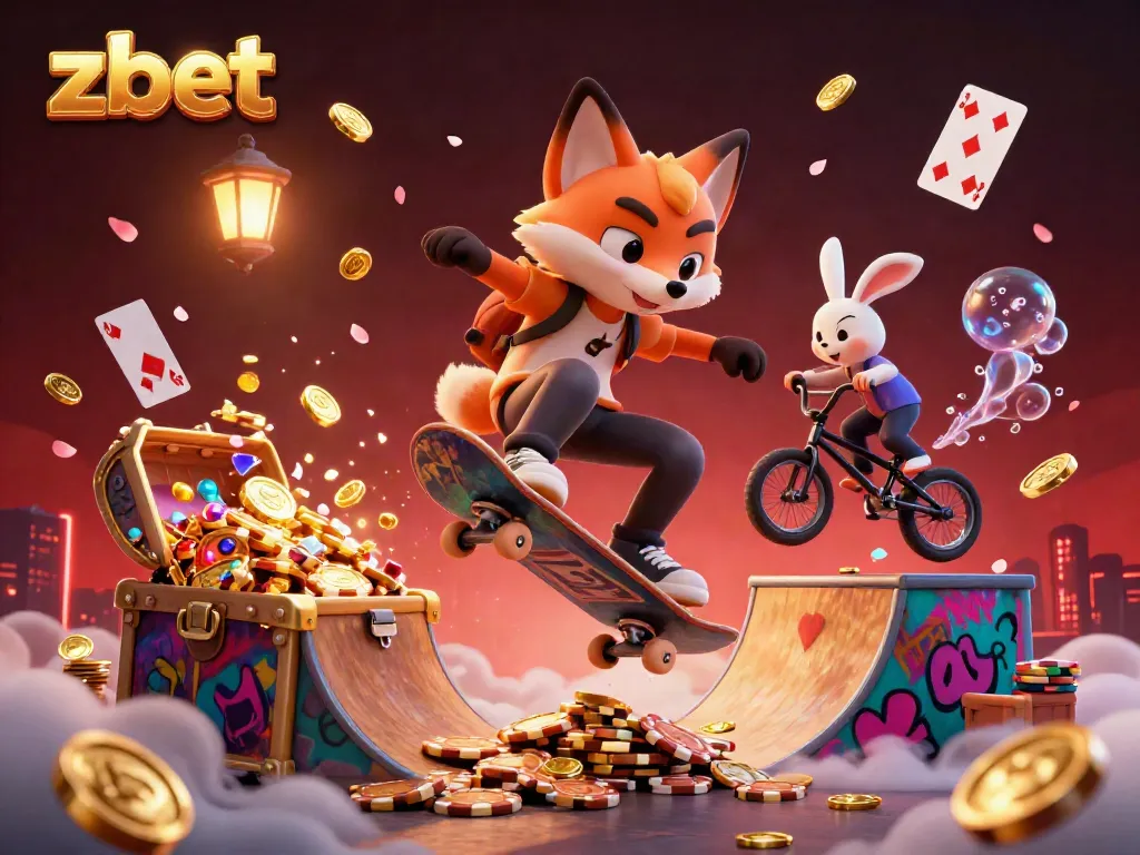 Experience thrilling gameplay with zbet as a fox skater and rabbit BMX rider showcase excitement amidst vibrant casino elements.