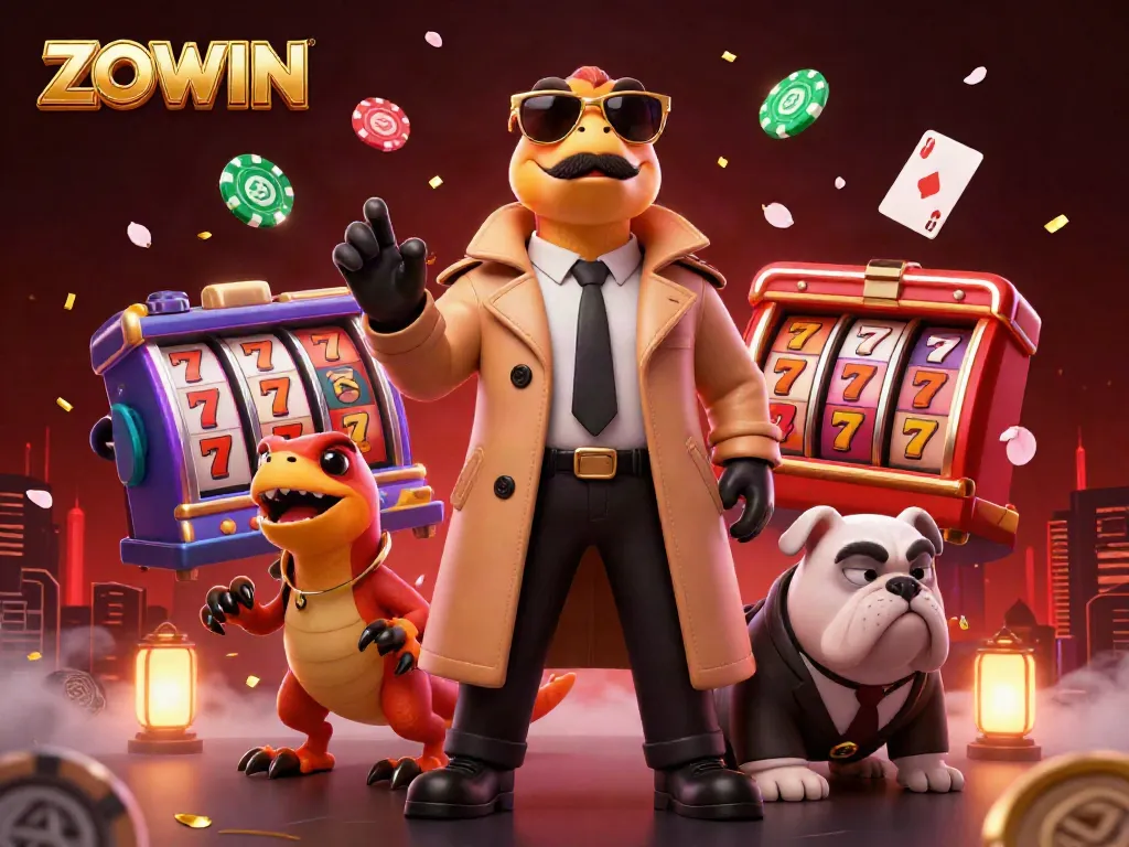 Engage with ZOWIN's vibrant casino experience featuring cartoon raptors entering a VIP lounge.
