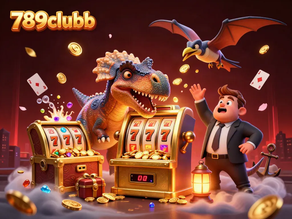 Experience excitement at 789clubb with a cartoon dinosaur winning coins from a slot machine.