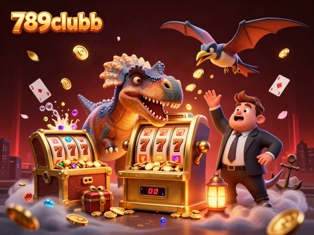 Experience excitement at 789clubb with a cartoon dinosaur winning coins from a slot machine.