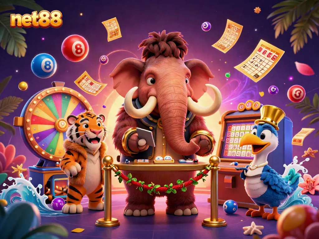 Experience the excitement of net88 with a vibrant casino scene featuring unique characters and dynamic gaming elements.