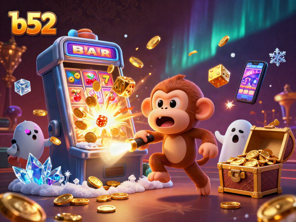 Spin the reels at b52 casino with a lively ghost-hunter puppy tracking a playful poltergeist monkey!