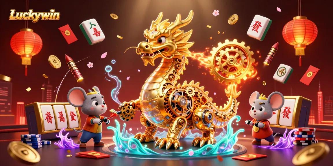 Experience the thrill of Luckywin with a vibrant illustration of a golden dragon and gaming elements highlighting the excitement of casino games.