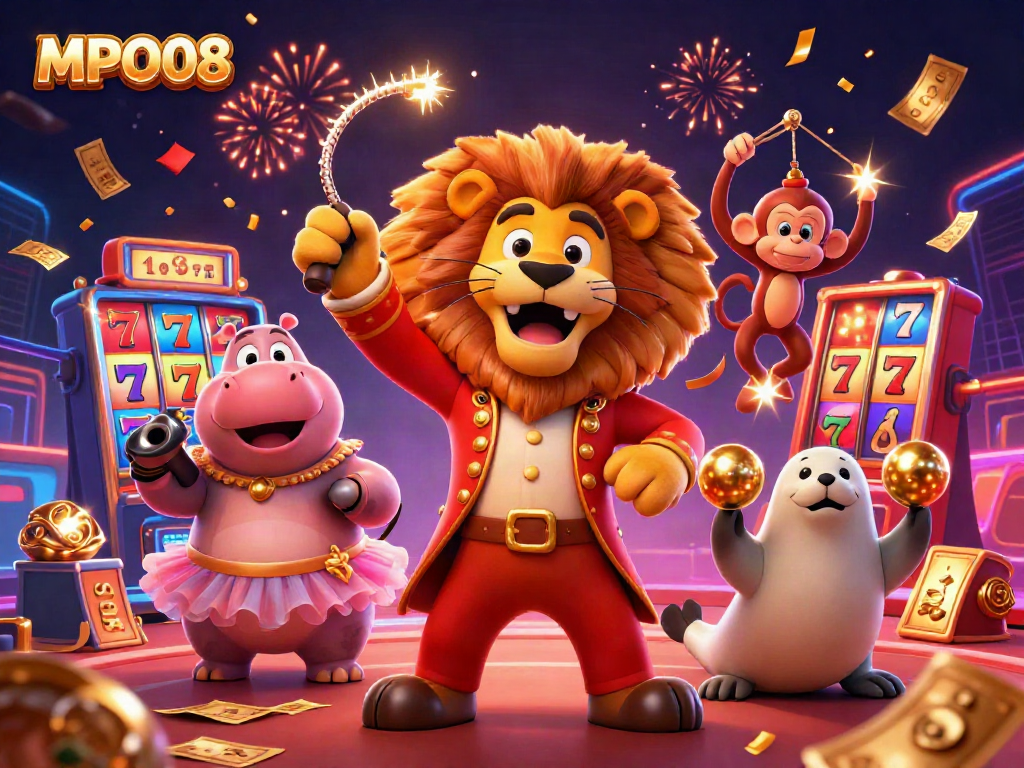 MPO08 featuring a lively scene of cartoon characters in a vibrant casino atmosphere with slot reels and jackpots.