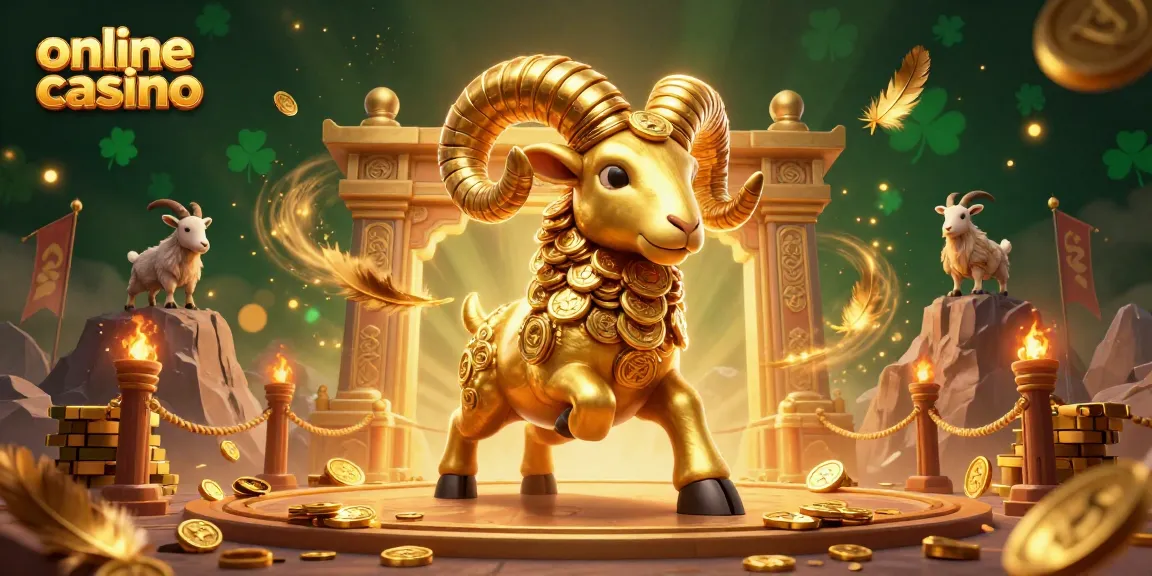 Experience an exciting online casino scene with a golden ram charging through golden gates amid a vibrant atmosphere.