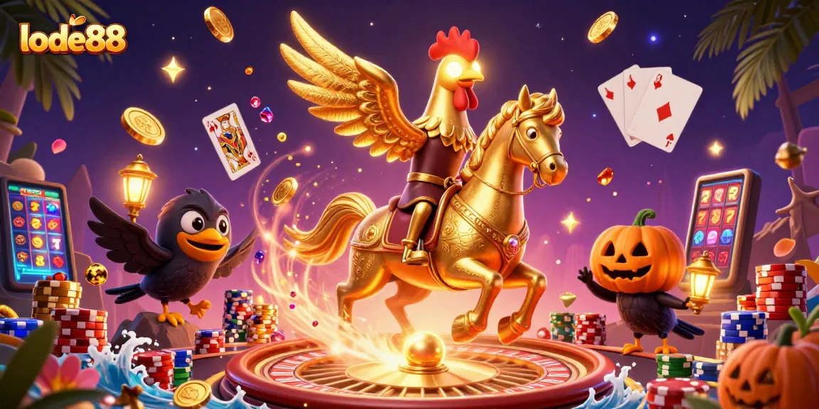 Lode88's captivating 3D illustration of a golden rooster riding a spectral horse amidst vibrant casino action.
